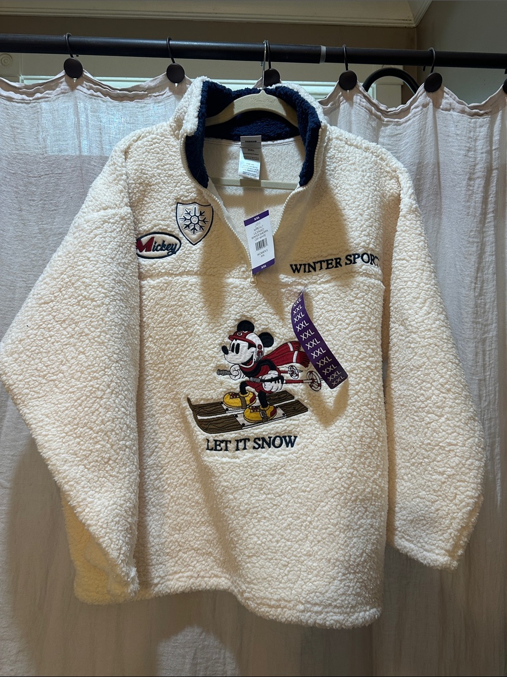 Disney Cream Sherpa Zip-Up Pullover with Mickey Ski Graphic